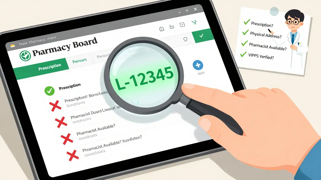 Hand clicking on a state pharmacy license verification page with green checkmarks and red warnings.
