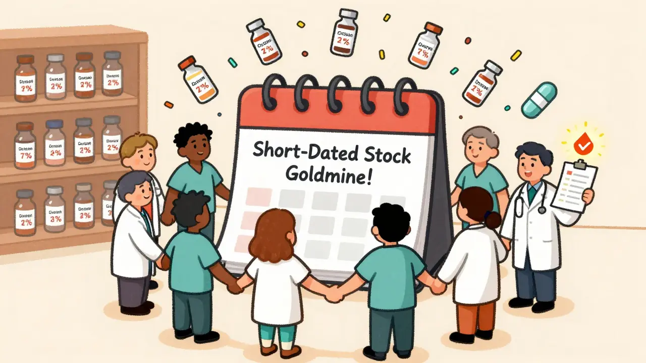 Healthcare workers celebrate around a calendar of expiring meds turning into savings, with a glowing spreadsheet as a treasure map.