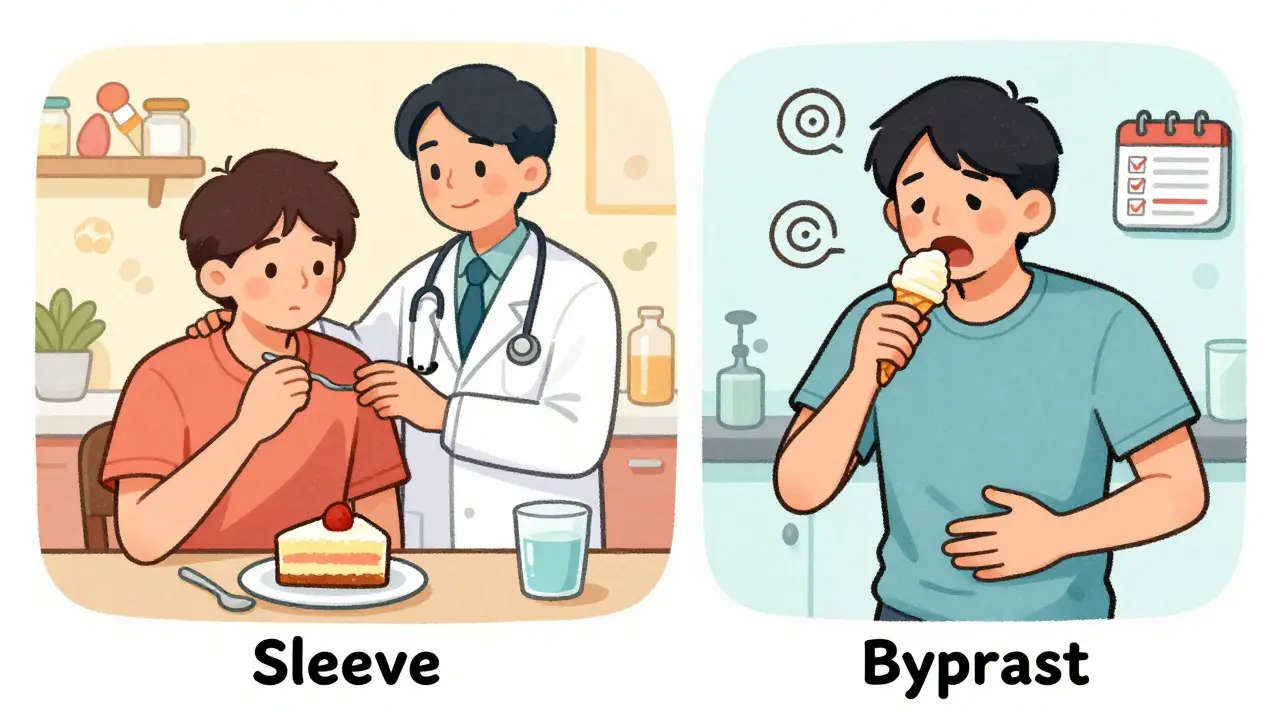 Illustration showing sugar tolerance differences between sleeve and bypass patients in a kitchen setting.