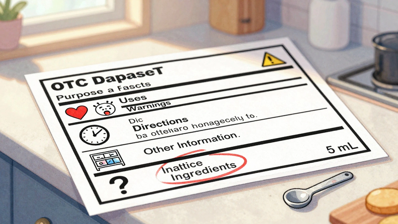 Magnified view of OTC drug facts label with color-coded sections and measuring spoon beside it.