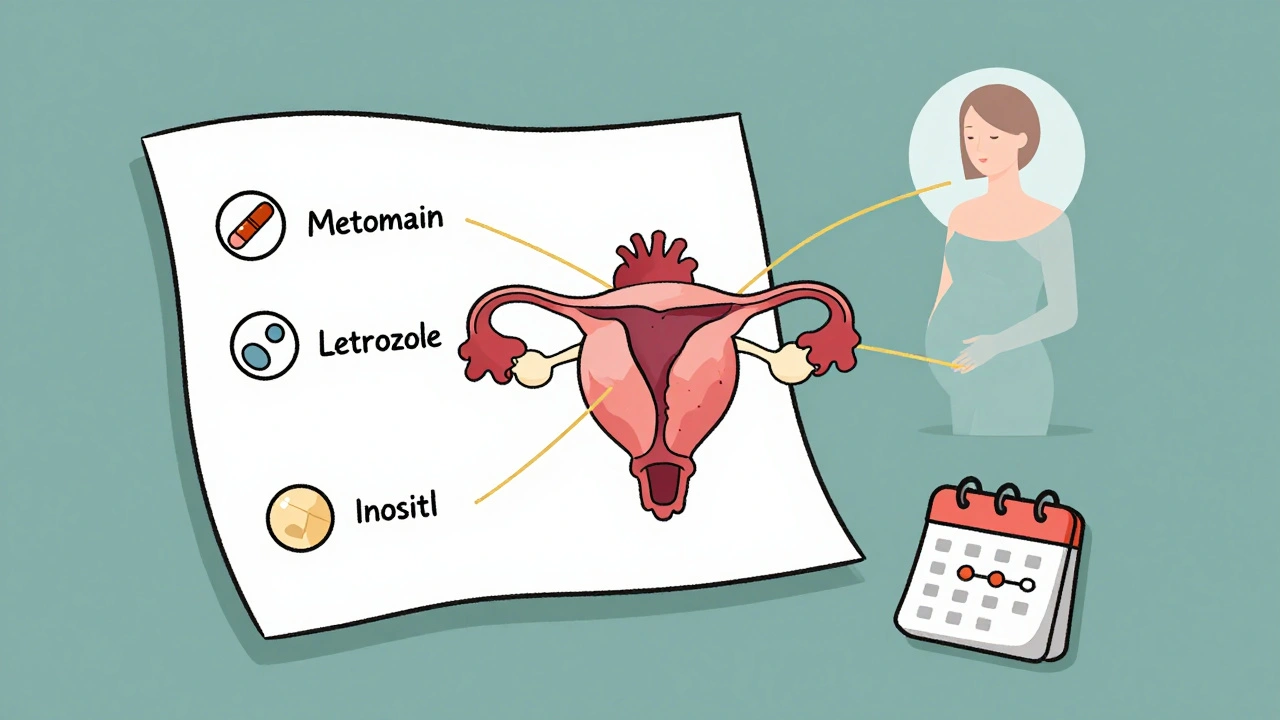 Medical chart with fertility treatments connected to a heart-shaped ovary, symbolizing holistic PCOS management and pregnancy.