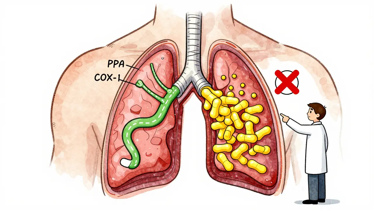 Medical illustration showing healthy vs. blocked airway pathways with leukotriene traffic jam and NSAID warnings.