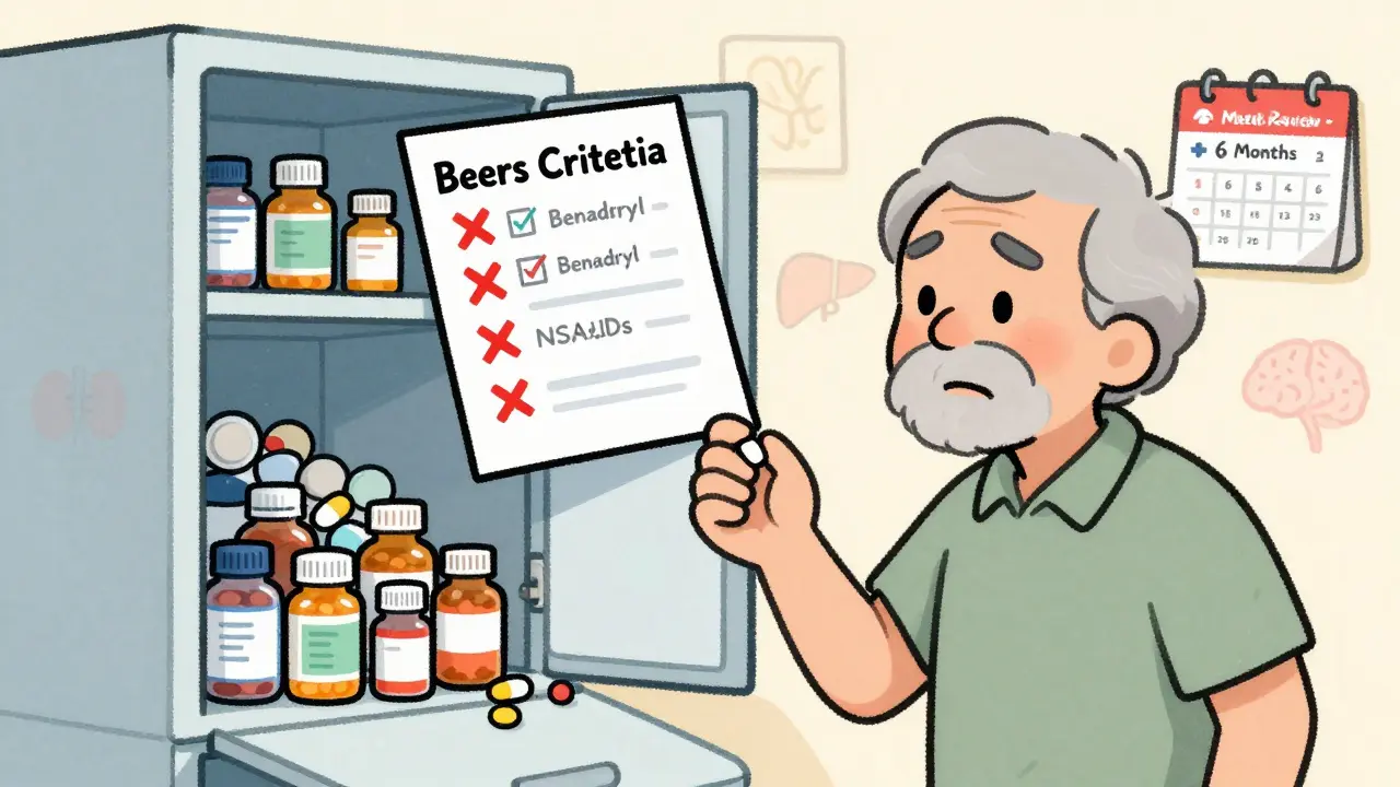 Older adult holding one pill while a checklist highlights dangerous medications in a cluttered cabinet.