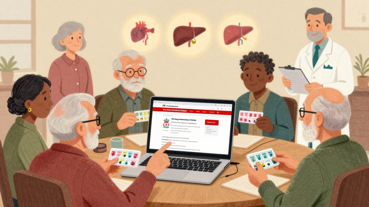 Older adults and pharmacist reviewing drug interactions on a laptop at a consultation.