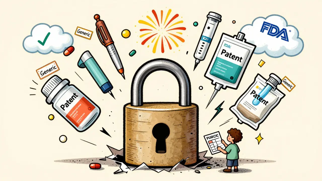 Patent lock breaking open as five antibiotic combo forms burst out with generic badges, patient holding savings chart.