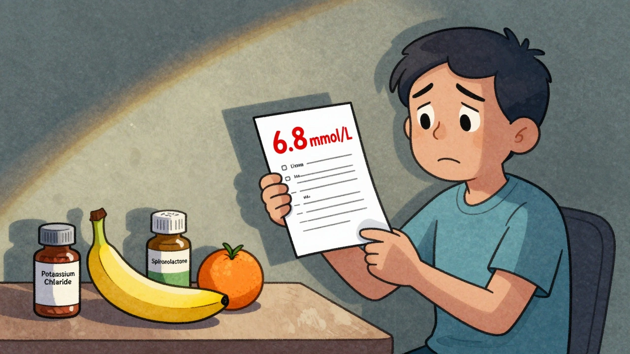 Patient holding blood test with high potassium, pills and high-potassium foods on table.