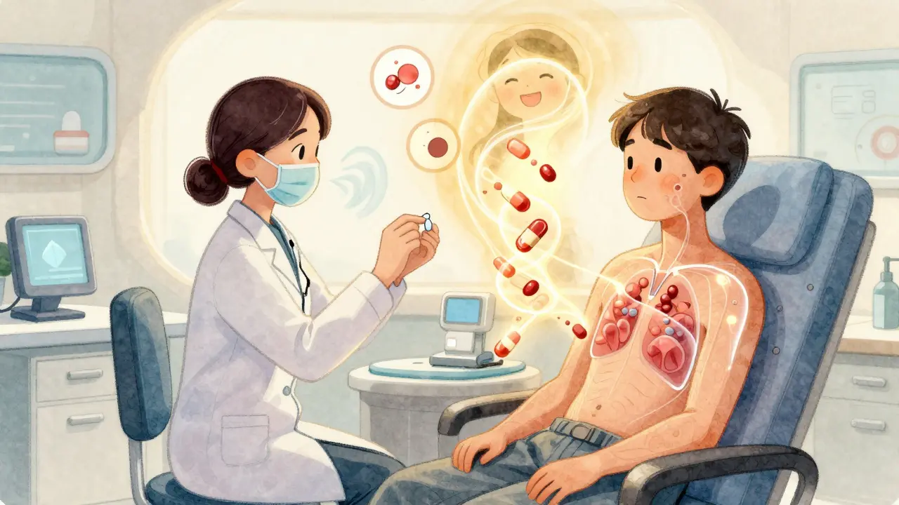 Patient receiving aspirin desensitization in a clinic, with glowing molecules reversing airway inflammation and shrinking polyps.