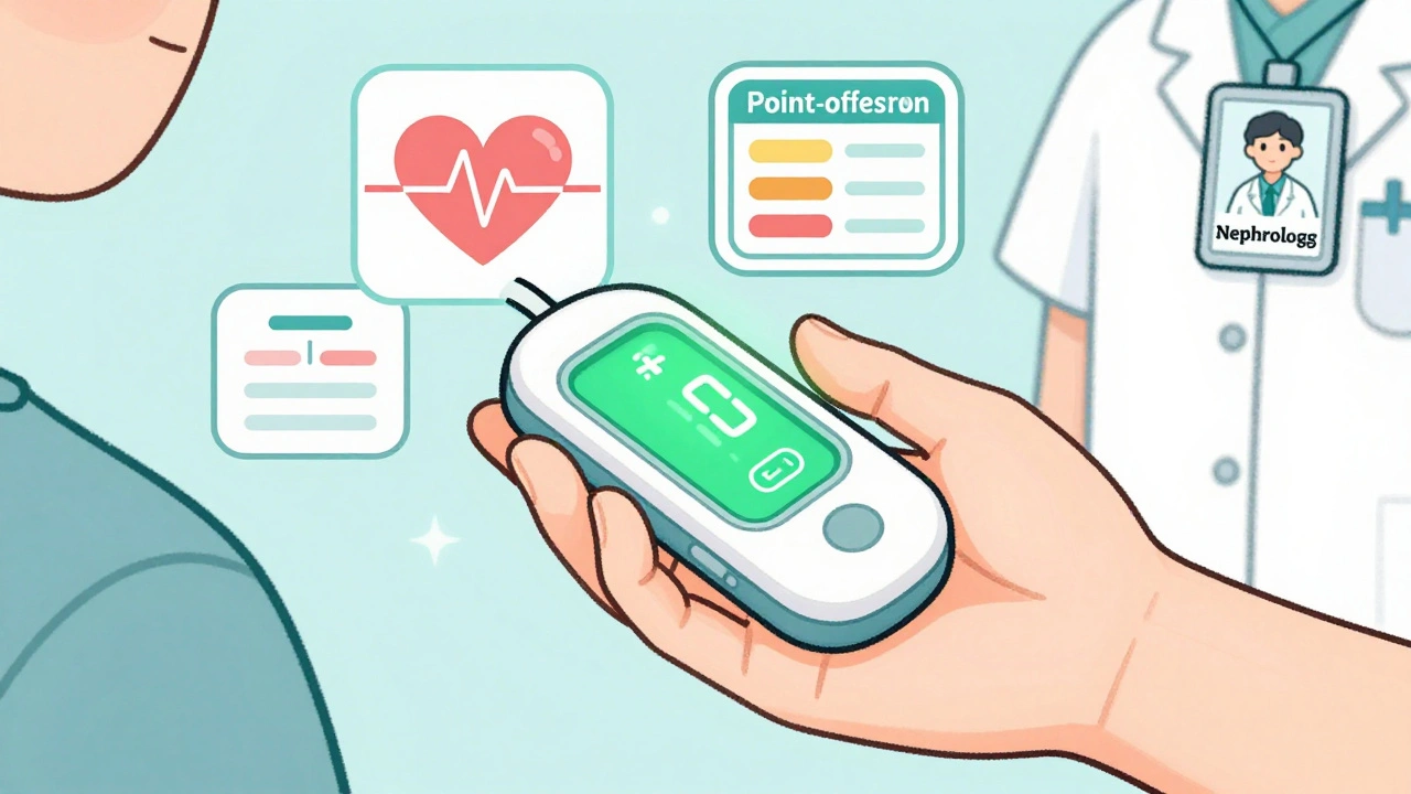 Patient using portable potassium meter, safe reading with digital food tracker and doctor icon.