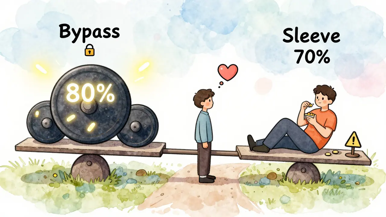 Person choosing between gastric bypass and sleeve surgery paths, with visual trade-offs of weight loss and lifestyle.