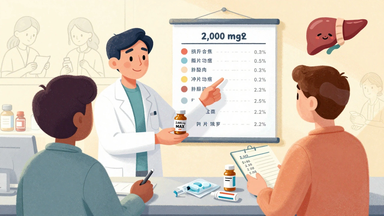 Pharmacist advising patient with dose logbook, safe alternatives on counter, and smiling liver symbol in background.