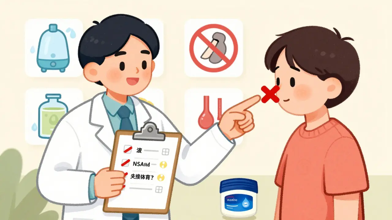 Pharmacist replacing harmful meds with safer options and nasal care tools for nosebleed prevention.