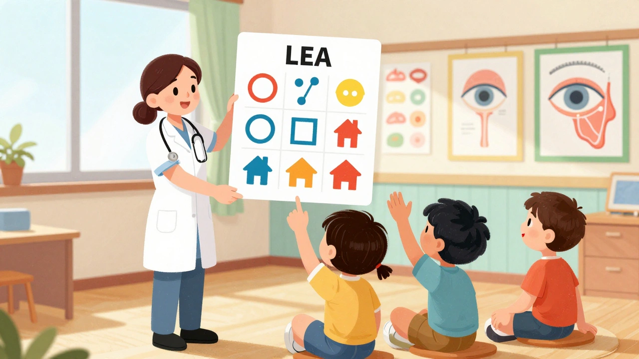 Preschoolers taking turns identifying shapes on a vision chart during a classroom screening.