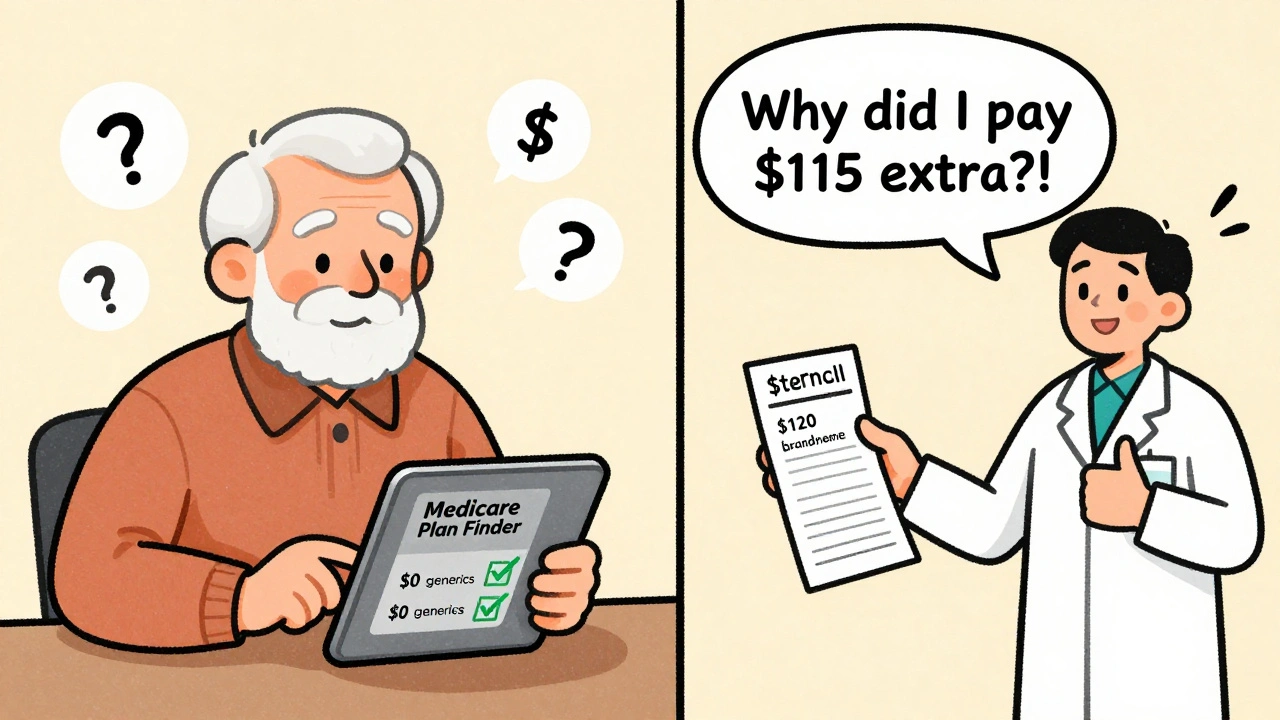 Senior comparing drug prices on a tablet while pharmacist points to a cheaper generic option