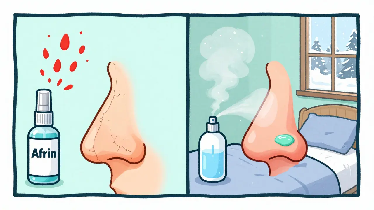Side-by-side of dry, bleeding nose vs. moisturized nose with humidifier and saline spray.