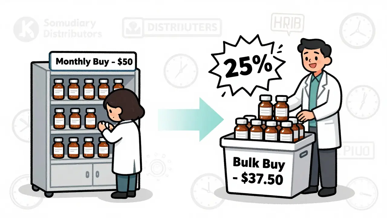 Side-by-side scene: single bottle purchases vs. bulk warehouse bins with a 25% discount visualized as a bursting arrow.