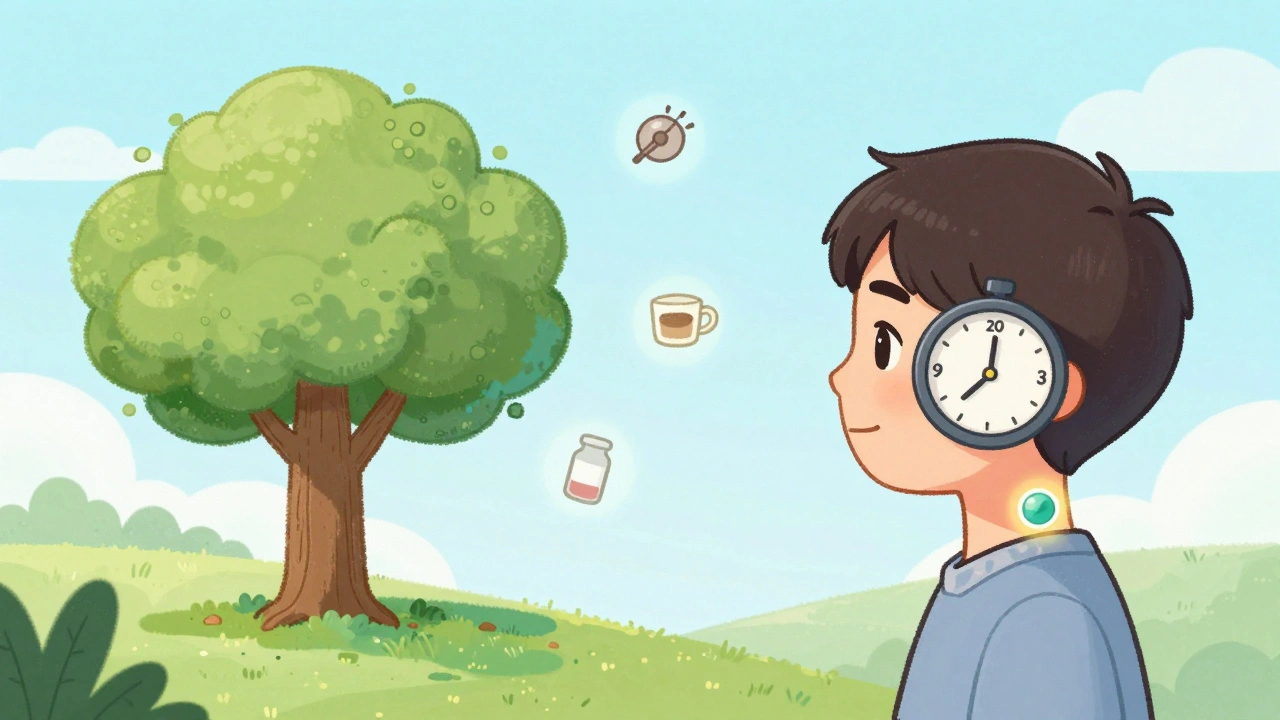 Someone following the 20-20-20 rule, looking away from a screen at a distant tree, with fading headache triggers around them.