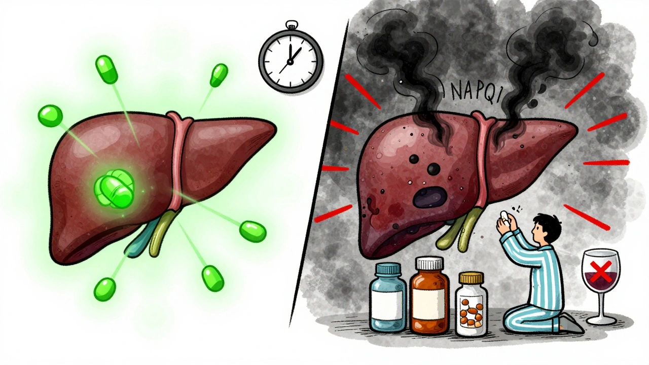 Split illustration: healthy liver safely processing medication vs. damaged liver overwhelmed by toxic smoke, with wine glass and pills nearby.