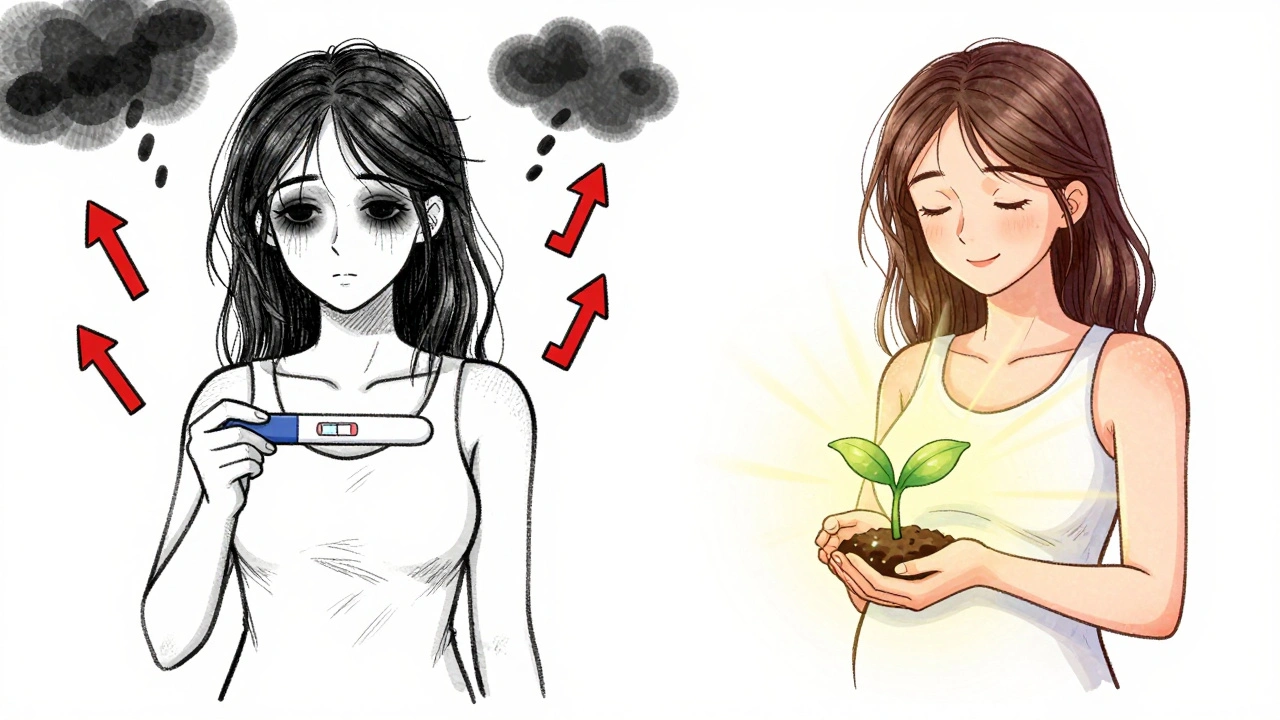 Split illustration showing struggle with PCOS on one side and renewed fertility on the other, with a sprout representing ovulation.