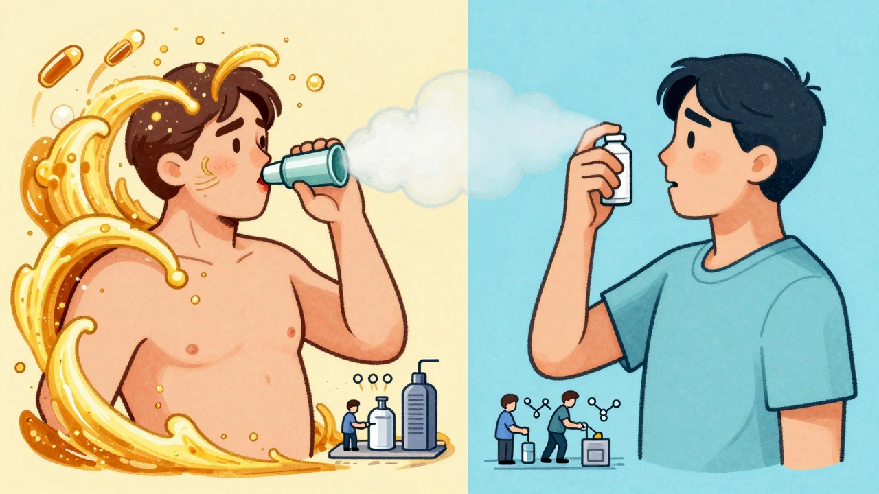 Split image showing dangerous steroid buildup vs safe use with different HIV meds.