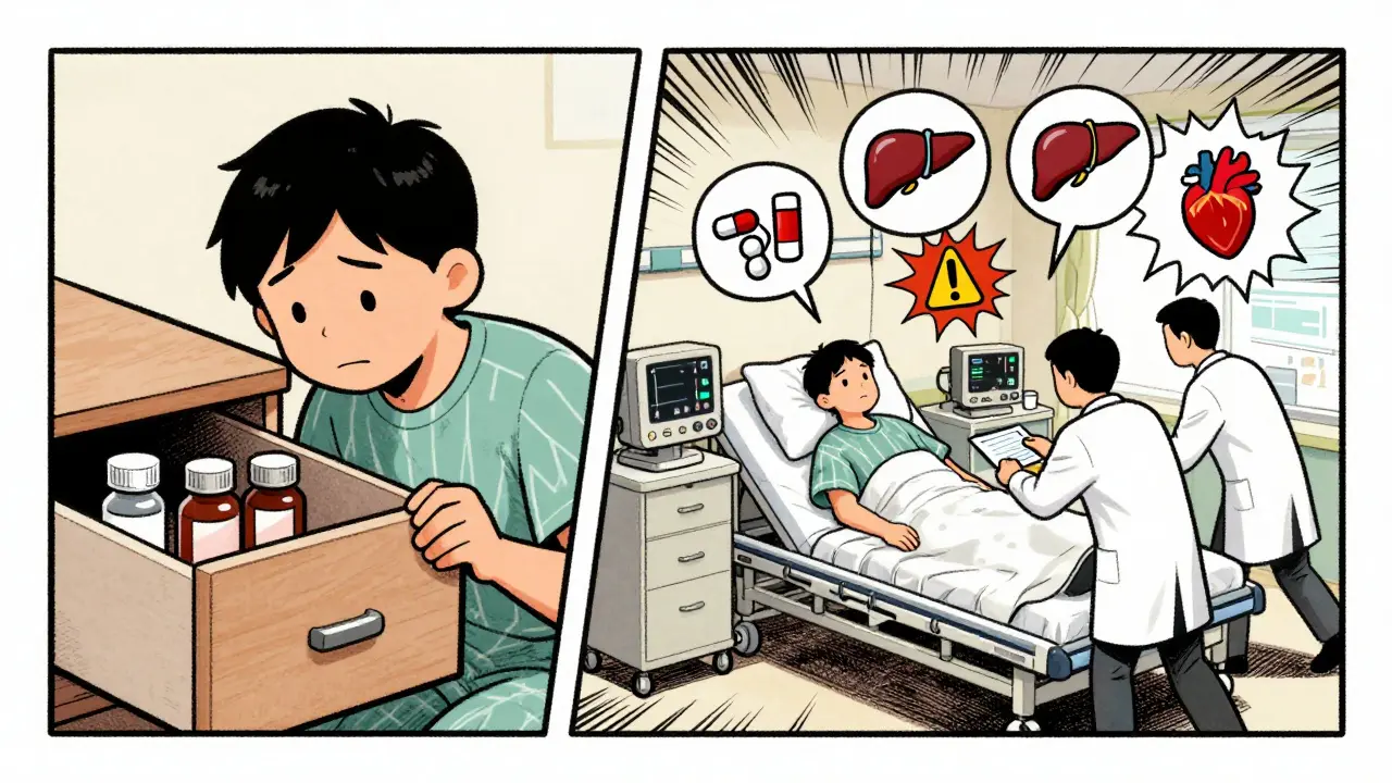 Split scene: hiding supplements vs. emergency room scene with medical warnings.