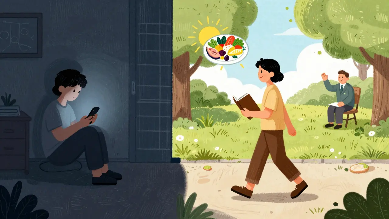 Split scene: one side shows isolation with a phone, the other shows walking in daylight with healthy habits and therapy nearby.