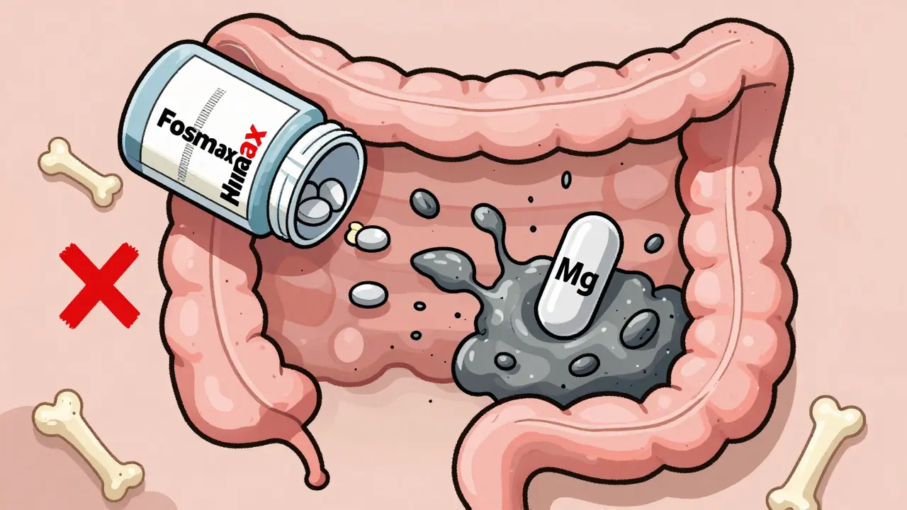 Stylized intestine showing bisphosphonate pill turning into sludge when mixed with magnesium ions.