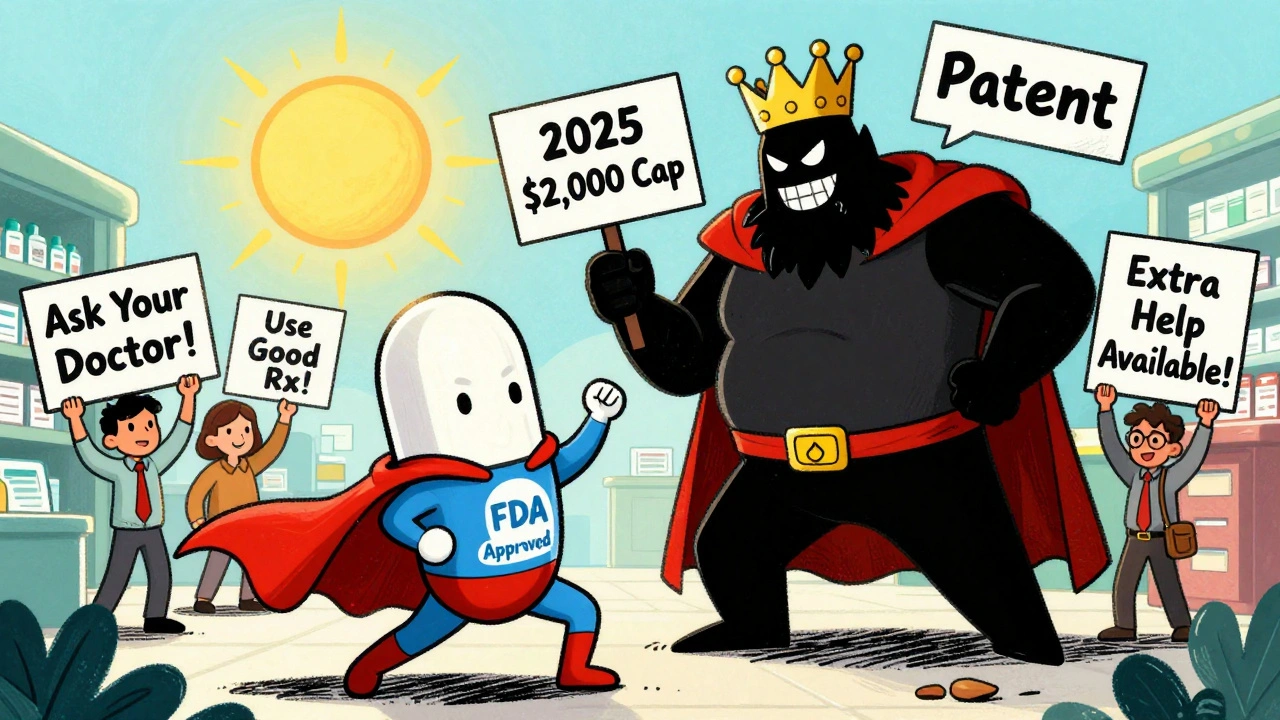 Superhero generic pill defeating an overpriced brand-name villain in a pharmacy battle scene