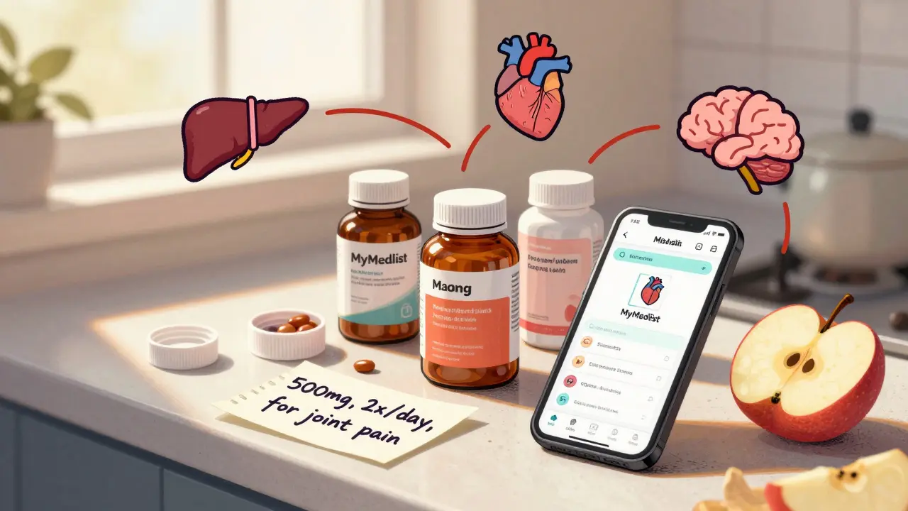 Supplement bottles on a counter with a phone scanning a label and handwritten notes.