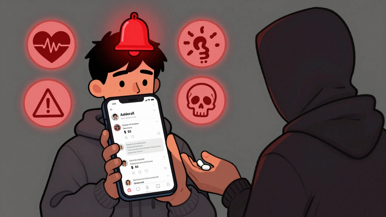 Teenager receiving fake pills from a hoodie figure while medical danger icons glow around them.