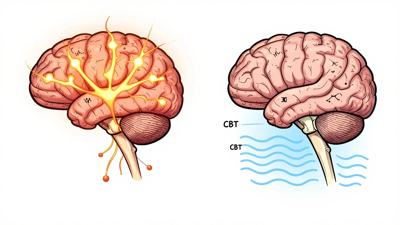 Two side-by-side brains: one overactive with pain signals, the other calm with therapy and exercises restoring balance.
