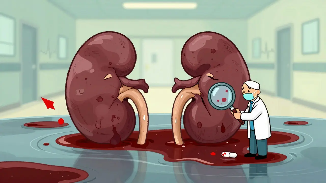 Two tired kidneys with blocked blood flow, shown as cartoon figures in a river, with hidden bleeding detected by a doctor.
