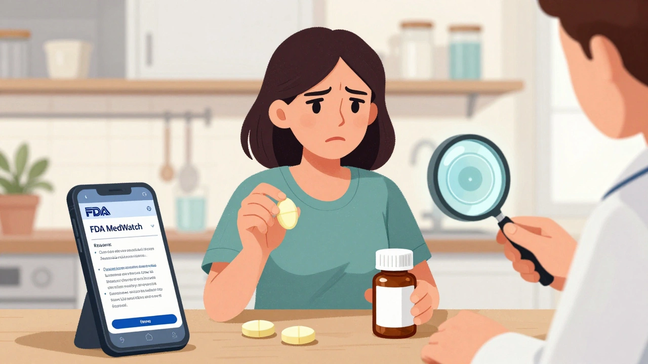Woman comparing pill colors, pharmacist offering verification with magnifying glass.
