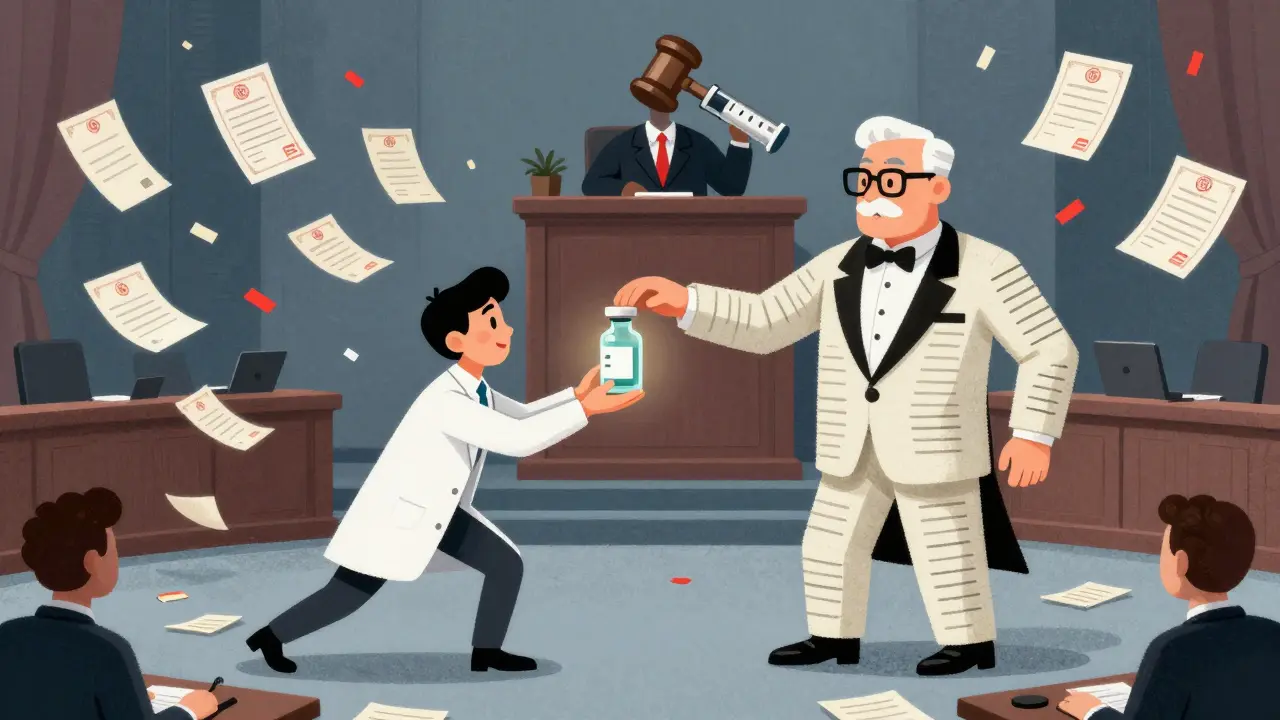 A biosimilar applicant dances with a corporate giant in a courtroom ballroom filled with floating patents.