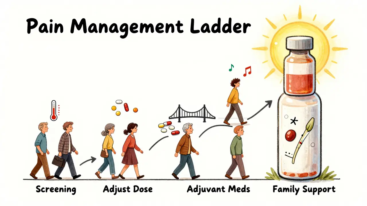 A colorful ladder shows steps of cancer pain management with diverse patients progressing along it.