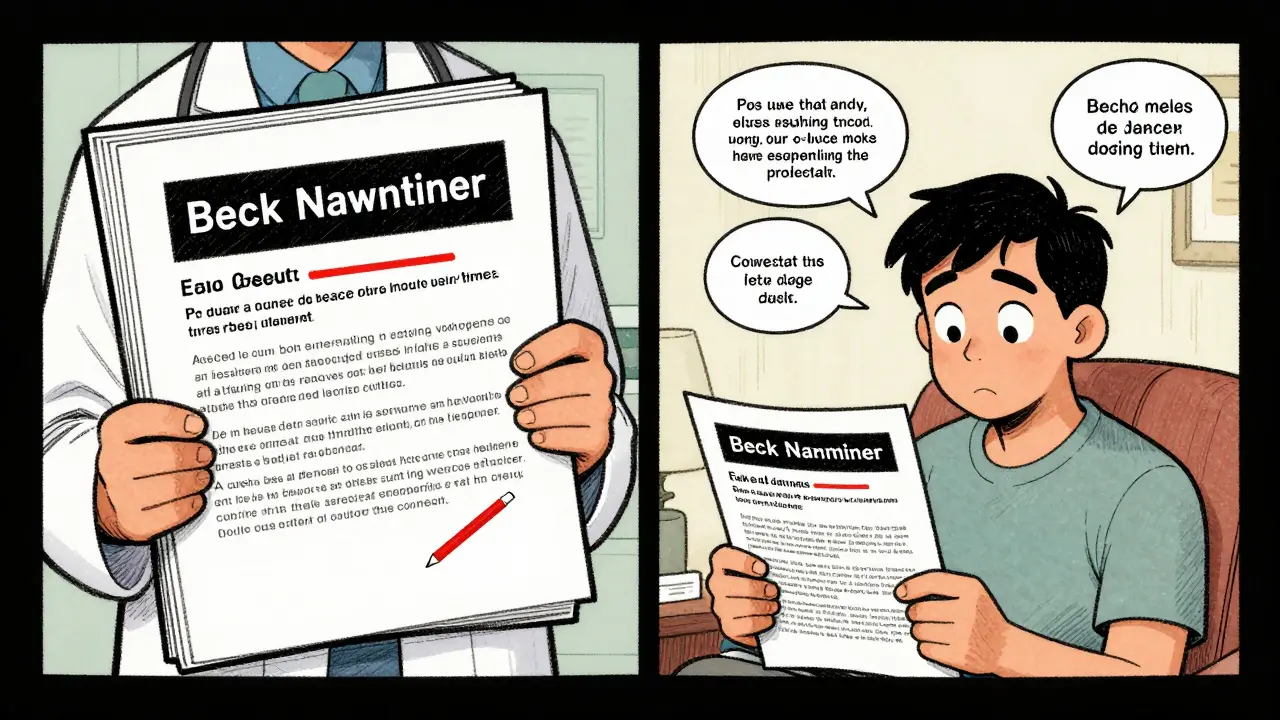 A doctor and patient view a drug label with a highlighted black box warning, illustrating risk awareness.