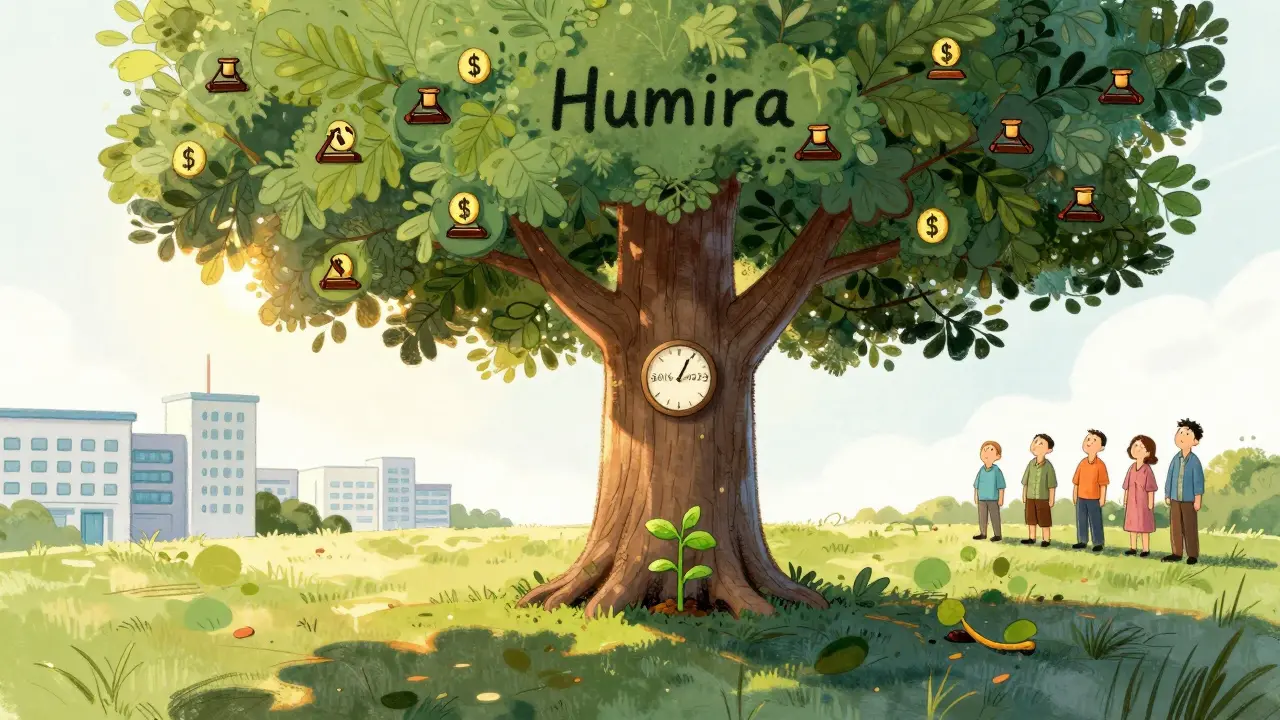 A massive tree covered in hundreds of patent leaves casts a shadow over a small generic plant, symbolizing delayed drug access.