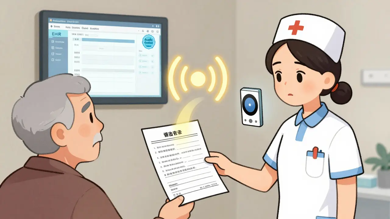 A nurse gives a printed form that transforms into an audio player explaining medical instructions.