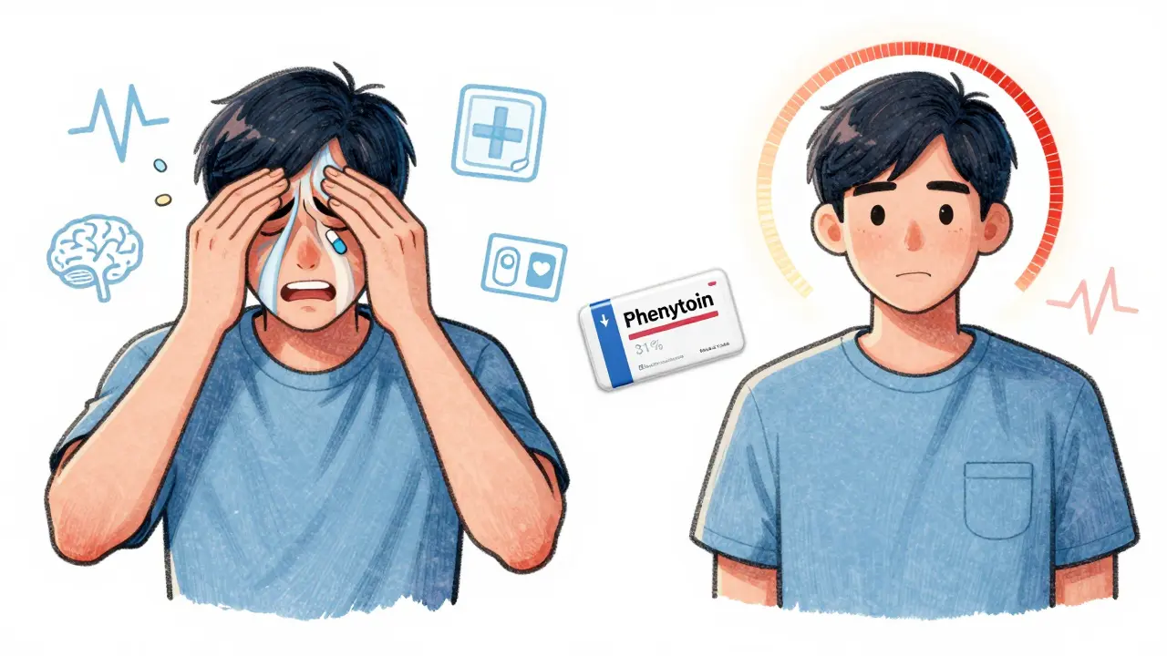 A patient having a seizure with a generic pill showing reduced drug absorption compared to a stable patient on brand medication.