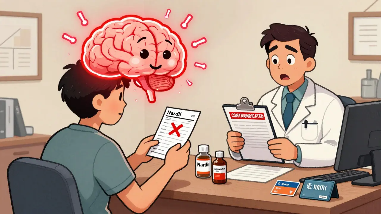 A patient in a doctor's office with a warning brain and contraindicated medications on the desk.