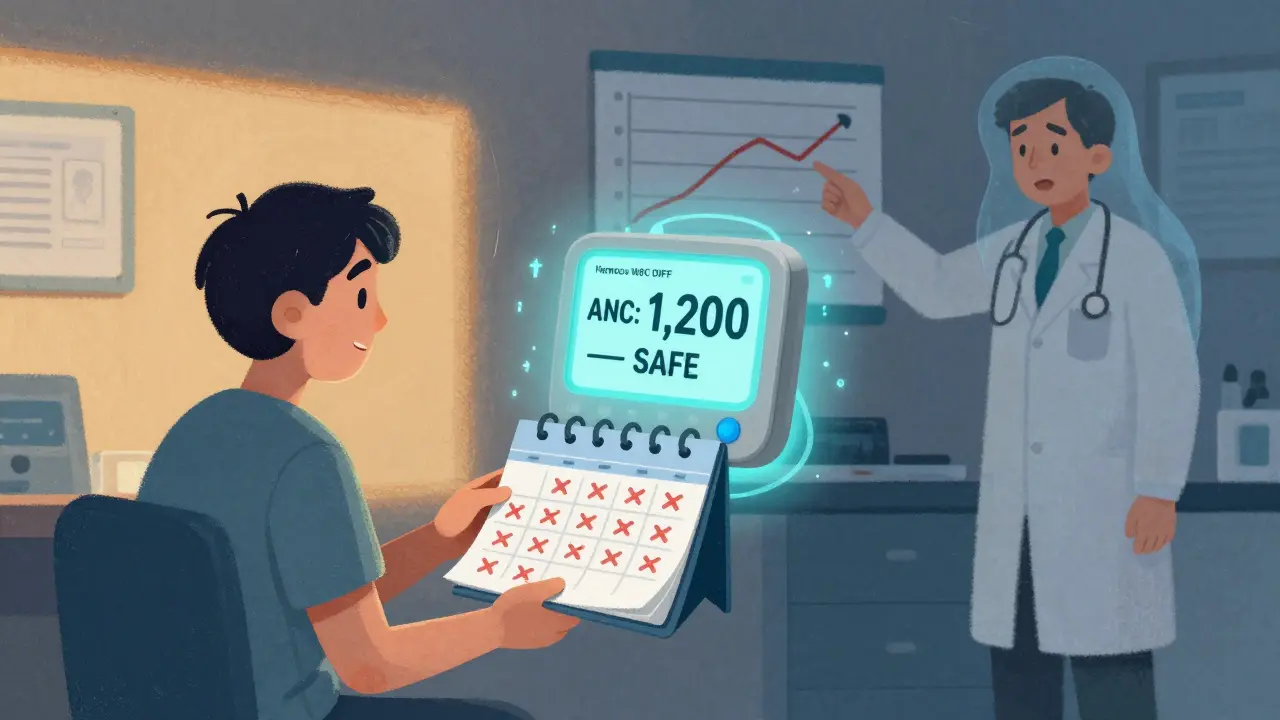 A patient tracks weekly blood tests with a calendar, while a quick-testing device glows safely nearby in a clinic setting.