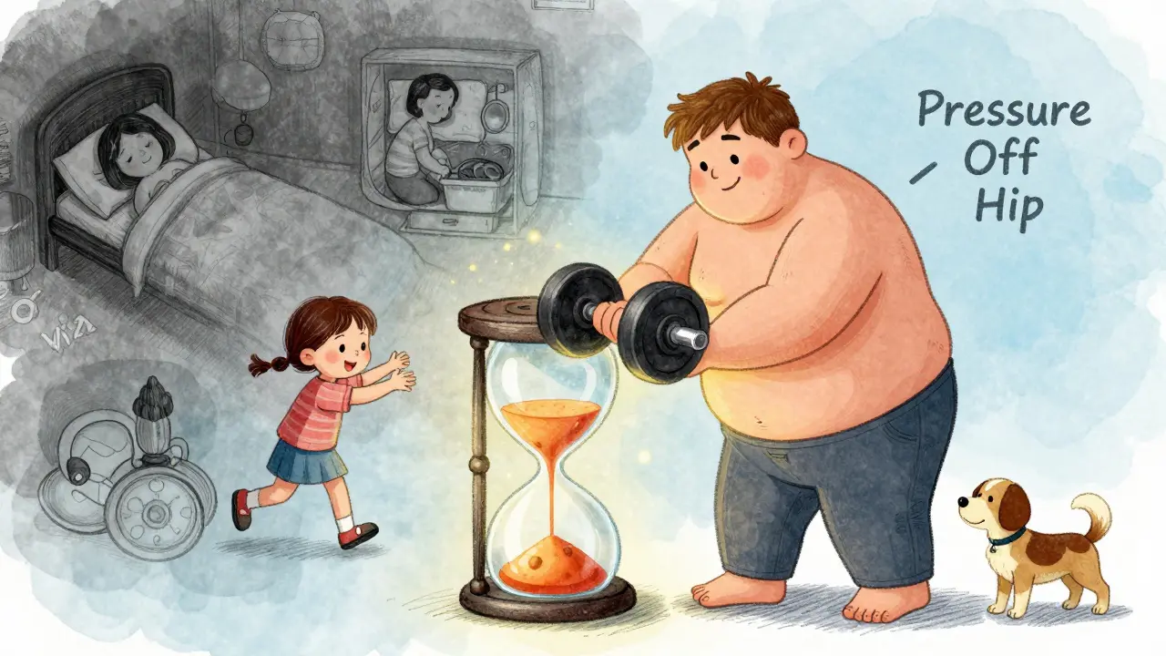 A person placing a 20-pound weight labeled 'Pressure Off Hip' into a healing hourglass, surrounded by scenes of improved daily life.