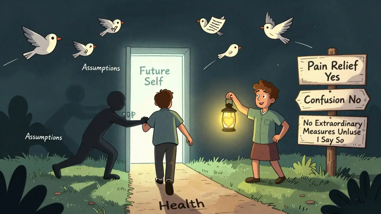 A person walking toward a glowing door labeled 'Future Self', guided by an agent holding a heart-shaped lantern with handwritten wishes floating nearby.