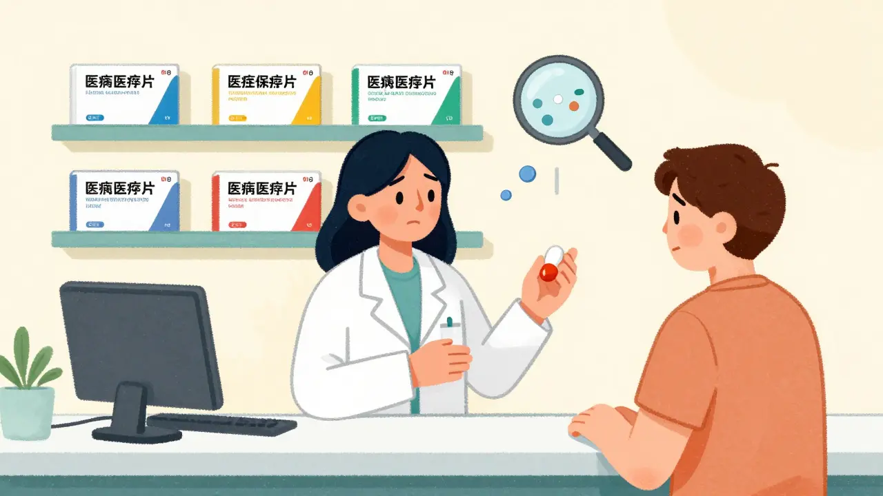 A pharmacist handing a patient a differently shaped generic pill, while multiple versions of the same drug are displayed behind them.
