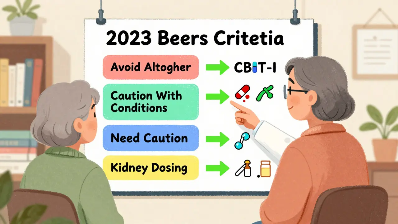 A pharmacist reviewing medications with an older woman using a colorful Beers Criteria flowchart.