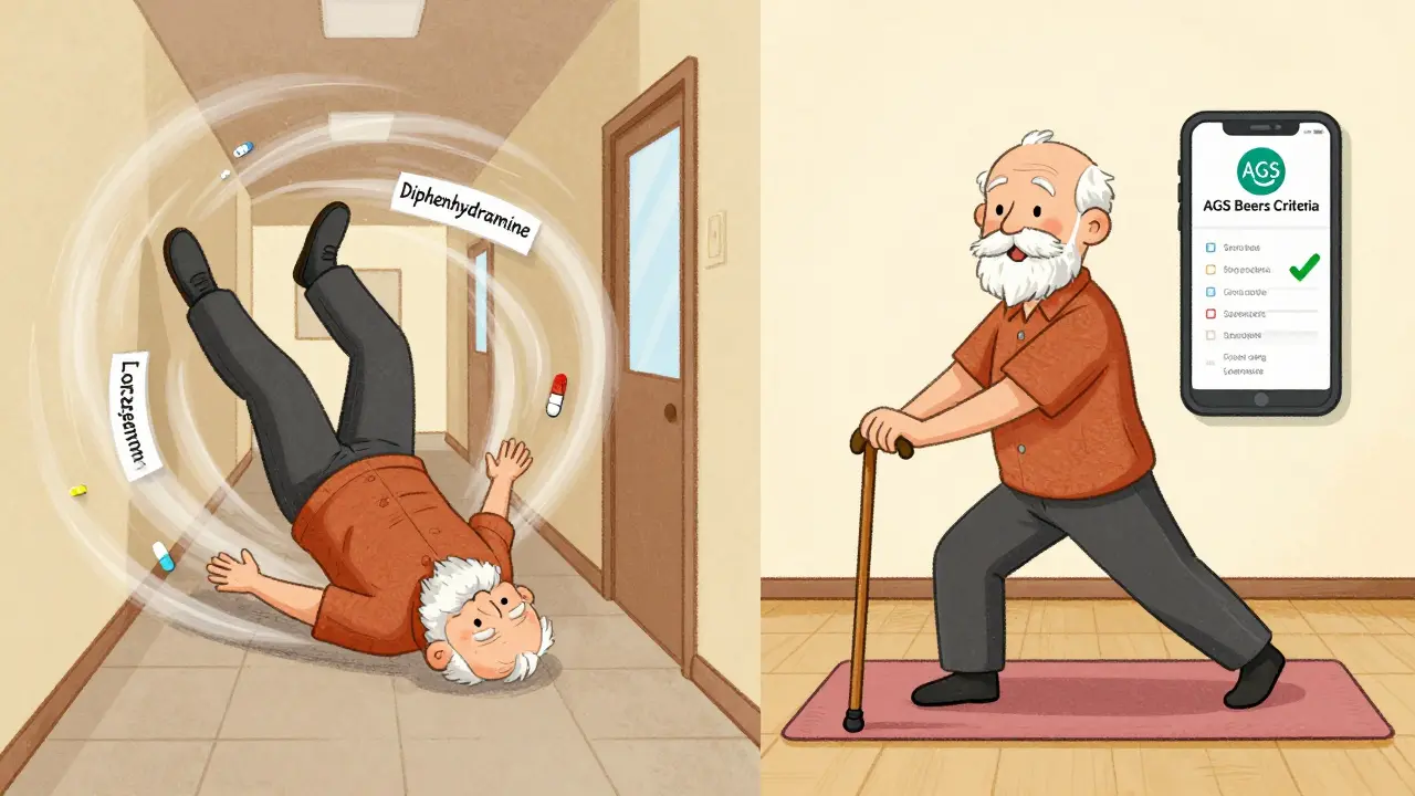 A senior falling due to risky meds on one side, safely exercising with a medication app on the other.