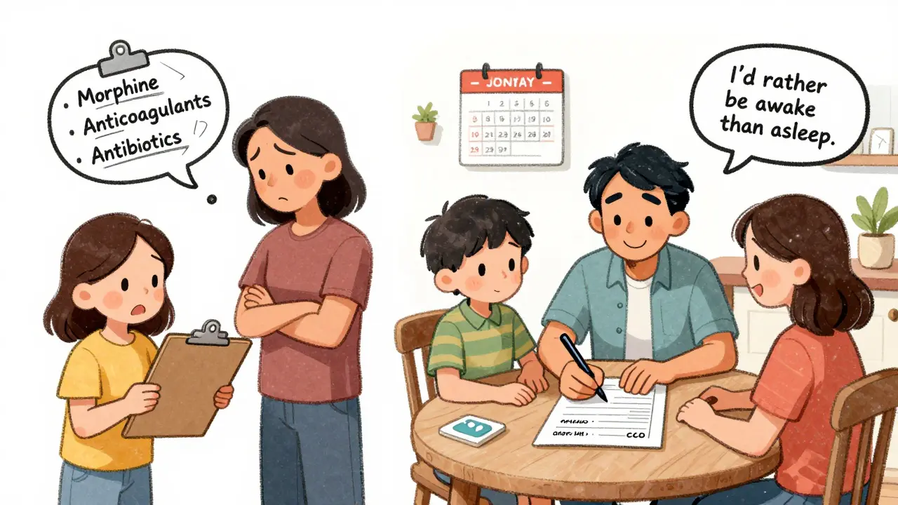 A split scene: a family arguing over medications on the left, the same family calmly writing preferences at a kitchen table on the right.