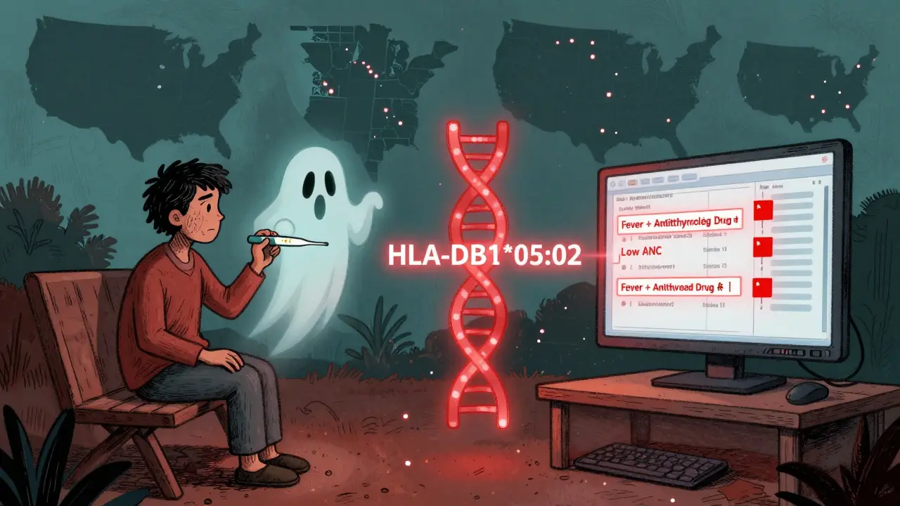 A split scene: rural patient waiting for results vs. AI flagging health risks, with a genetic warning symbol glowing in the center.