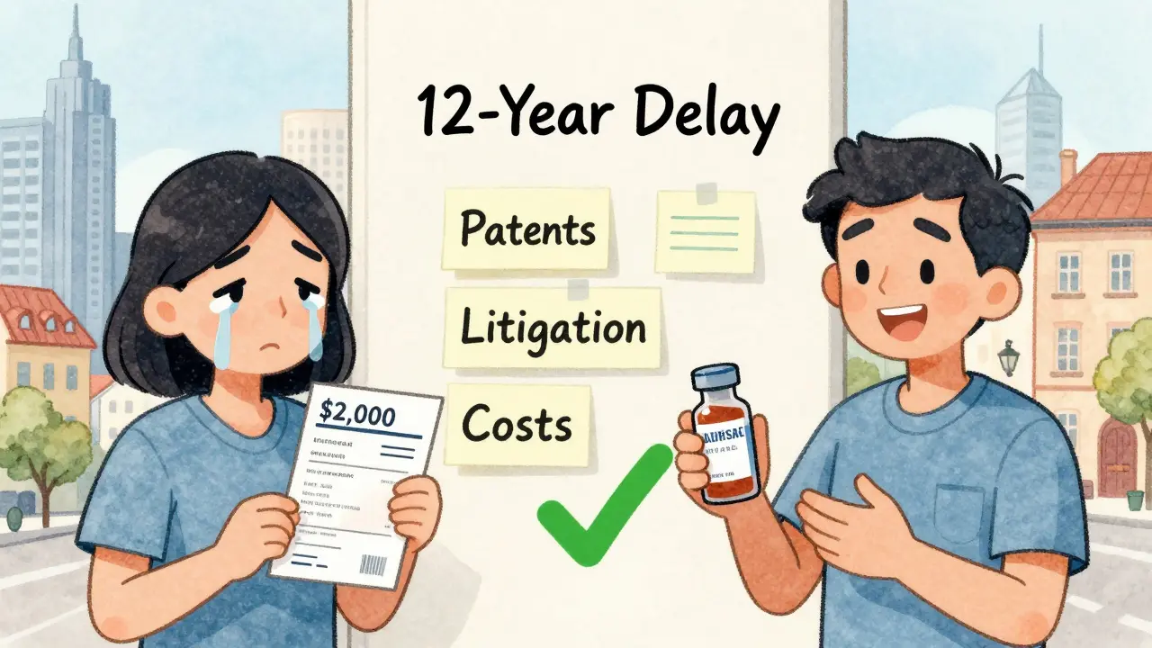 A U.S. patient cries over a costly prescription while a European patient smiles beside a cheap biosimilar.