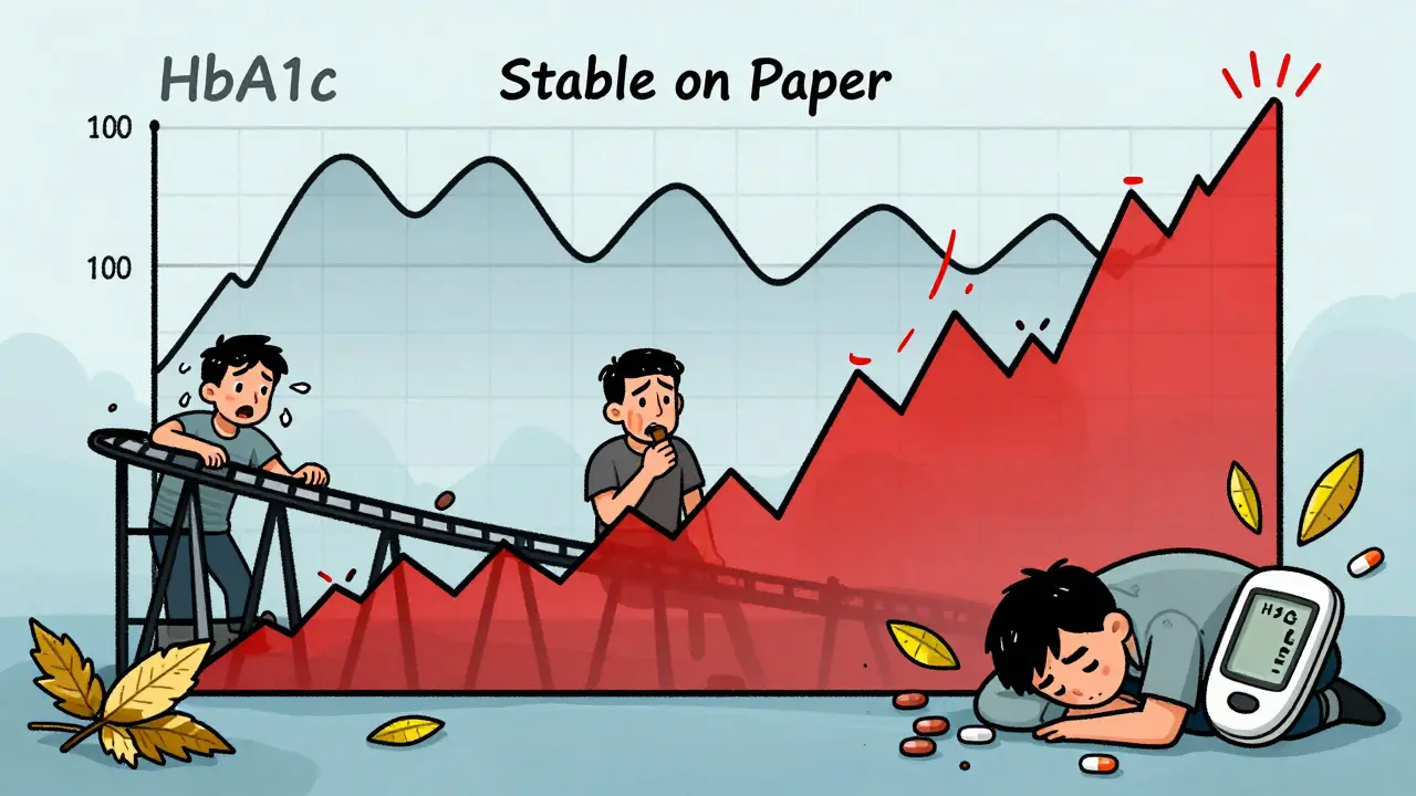 Blood sugar rollercoaster with spikes and crashes while person feels shaky and eats a snack.