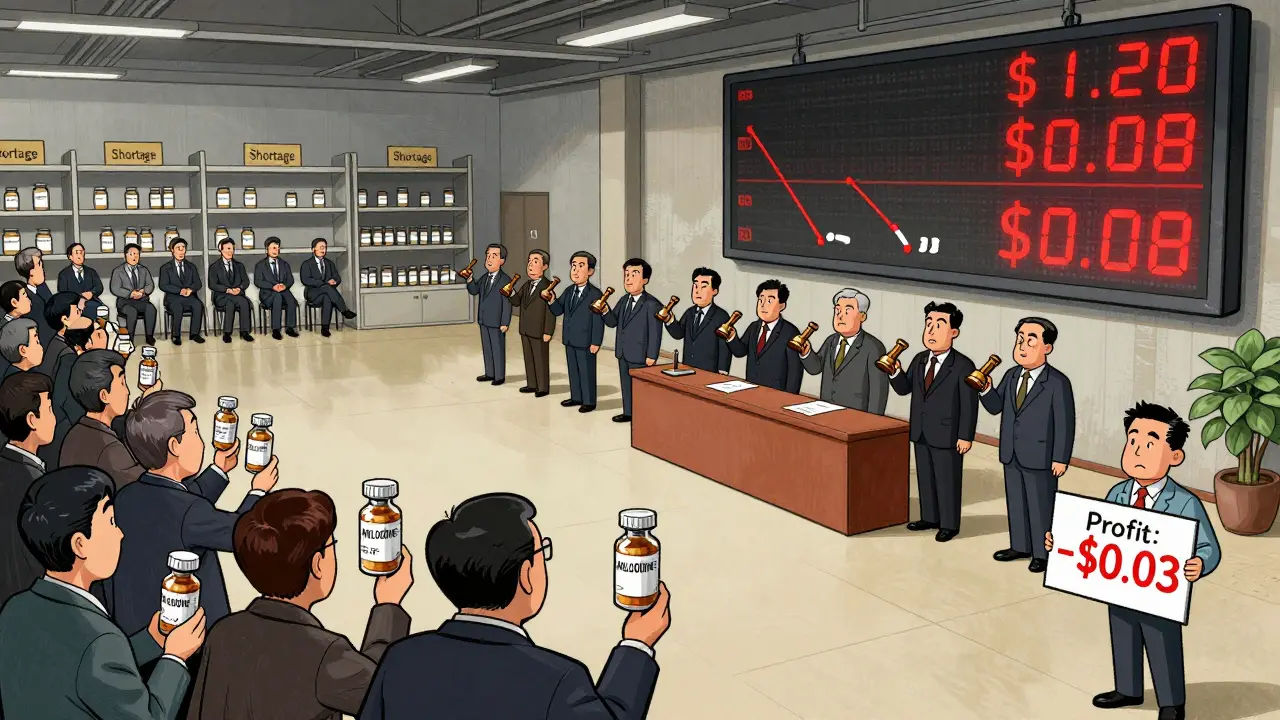 Chinese government auction where drug prices crash to pennies, with executives anxious and empty shelves behind them.